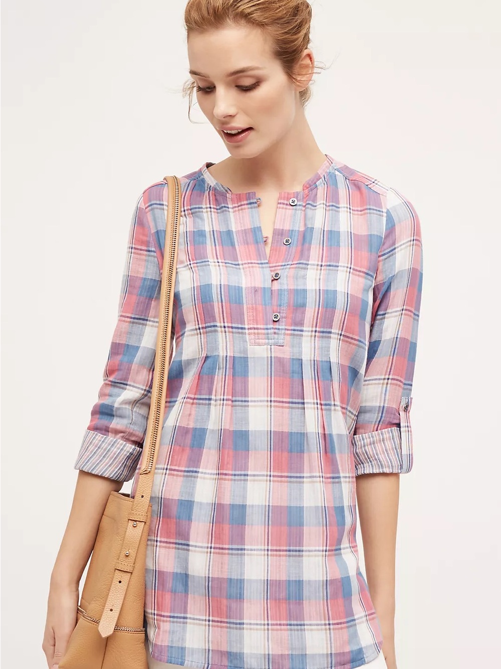 Anthropologie- Holding Horses- Plaid Gauze  Henley Tunic Top -Size 8 Regular NWT